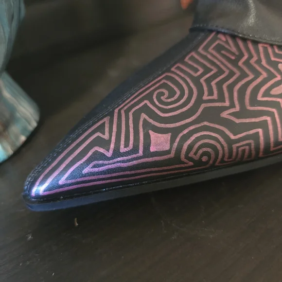 HANDCRAFTED Upcycled Faux Leather Black Boots HANDPAINTED Kitten Heel Ankle Shoe - Picture 13 of 17